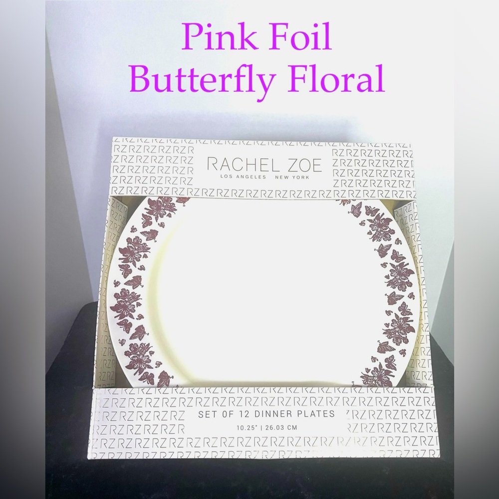 RACHEL ZOE Pink Foil Butterfly Floral 10.25 Plastic Dinner Plates 12x Disposable